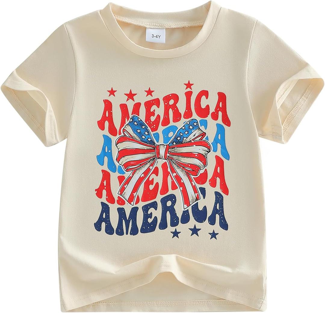 Kids Toddler Girls 4th of July T-Shirt Short Sleeve Patriotic Coquette Bow American Flag Independence Day Top, 1-2 Yrs