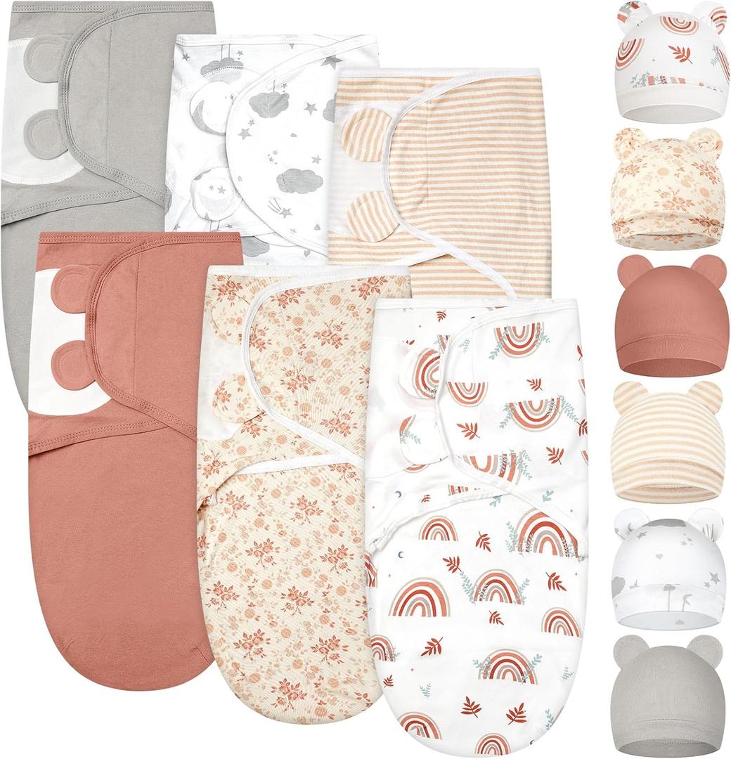Ramede 6 Pack Swaddle Blanket with Hats for Baby Girl Boy 100% Cotton Swaddles 0-3 Months, Adjustable Breathable Skin Friendly Receiving Blanket Wrap, Essential for Newborns (Multicolor)