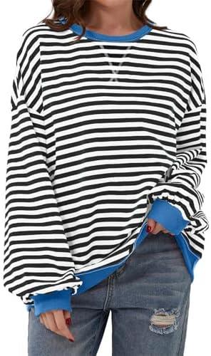 AlvaQ Womens Oversized Sweatshirt 2024 Casual Crewneck Long Sleeve Colorblock Striped Pullover Tunic Tops Outfits Size L