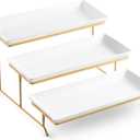 LYEOBOH 3 Tier Serving Stand and Platters Set Large Tiered Serving Platters with Collapsible Sturdier Rack 14 Inches Tiered Serving Tray for Appetizer Fruit, Dessert and Cupcake, White (Gold)