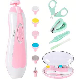 Qunlions life Baby Nail Trimmer Electric-12 in 1 Baby Nail Clippers Safe Baby Nail File Kit with a Nail Clipper, Scissor, Tweezers, and Nail Files (Pink+four Accessories)