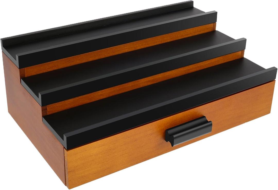 3-Tier Wooden Cologne Organizer, Classic Perfume Stand with Drawer and Hidden Compartment, Brown