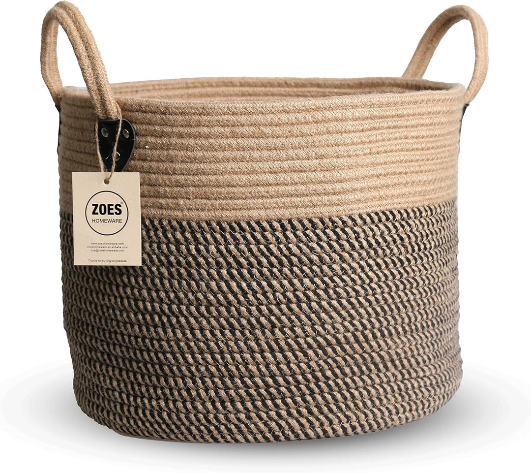 14"x12" Natural Jute Rope Woven Storage Basket with Handles for Plant, Blankets,Toys,Clothes,Shoes - Living Room Home Decor,Multifunctional Basket for Organizer,Picnic,Artificial Tree (Large, Brown and Black)