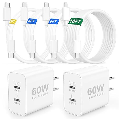 iPhone 17e/17/17 Pro Max Charger Fast Charging, 2-Pack 60W Dual USB C Charger Block Power Adapter with 10/6/6/3FT USB-C Cable for iPhone 17/17 Pro Max/17e/16/15/Pro Max/Plus, iPad Pro 13/12.9/11 inch