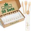 Pre Rolled Napkin and Bamboo Cutlery Set - 30 Sets (120 PCS)Disposable Wrapped Bamboo Utensils (30Compostable Napkins,30Forks,30Spoons,30Knives)-Wooden Silverware/Wrapped Plastic Tableware Alternative
