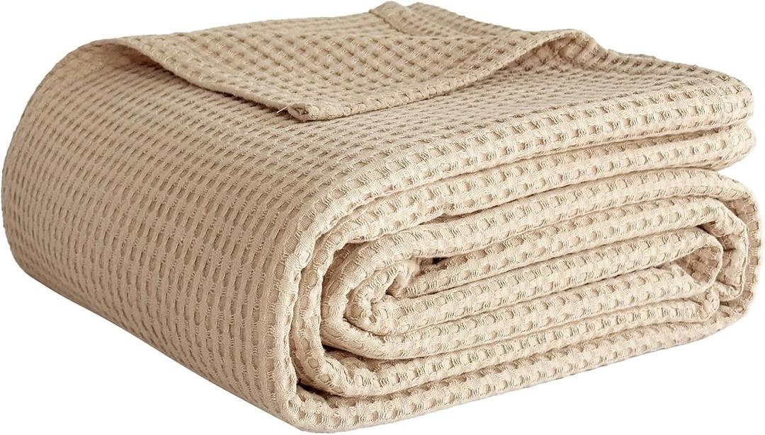 100% Cotton Waffle Weave Blanket Twin Size, Soft Lightweight Breathable Cozy Blankets for Bed Couch Home Dcor All-Season Use (Beige, 66"x90")