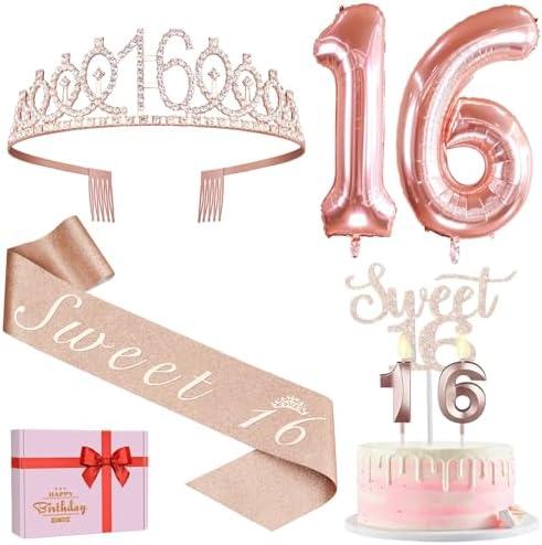 Sweet 16 Birthday Party Decorations for Girls, Sweet 16 Sash and Tiara, Cake Topper and Candles, Number Balloons, 16th Birthday Gifts for Girls