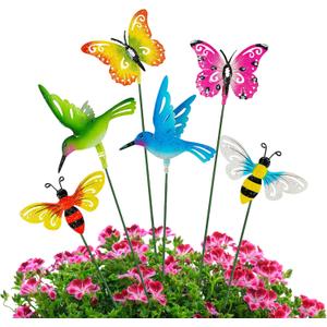 Juegoal 6 Pack Metal Yard Stakes Spring Decor, 15 Inch Outdoor Metal Colorful Butterfly Hummingbird & Bee Shaking Head Yard Art, Rust Proof Plant Sticks for Yard Lawn Pathway Patio Ornaments