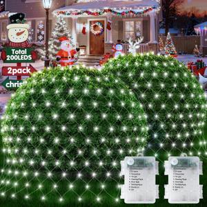 Hezbjiti Pack of 2 Battery Operated Christmas Net Lights Outdoor Total 200LED 5FT x 3.3FT Waterproof Timed Memory Mesh Lights for Xmas Trees Bushes Garden Yard Lawn Patio Christmas Decor (Cool White)
