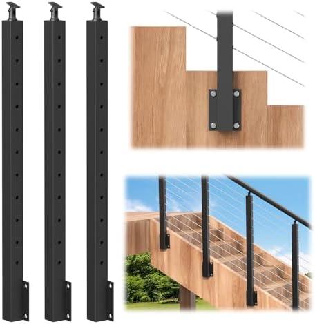 BLIKA 3 Pack 36" Side Mount Stair Cable Railing Posts for 25-35 Degrees Stair, Stainless Steel, Left Side Fascia Mount Stair Railing Post for Cable Railing Kit, Black Powder Coated Side Mount Post