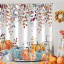 Fall Shower Curtains for Bathroom, Thanksgiving Pumpkins Autumn Leaves Shower Curtain Set with Hooks, Blue Orange Waterproof Fabric Fall Bathroom Decor Accessories, 72 x 72 Inch
