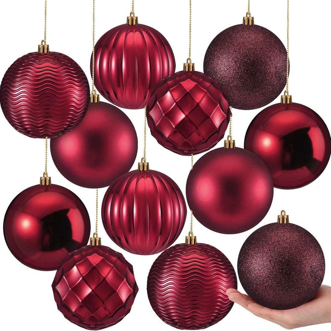 Syhood 12 Pcs 4 Inch Large Valentine Ball Ornament Christmas Tree Decoration Plastic Ornament Set Hanging Xmas Tree Ball for Xmas Holiday Wedding Party(Burgundy)