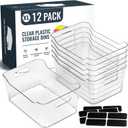 12 PACK Multi-Use Clear Plastic Storage Bins for Organizing w/ Labels - Home, Kitchen, Pantry, Bathroom, Office, Cabinet Shelf Organizer Bins - SOHO Collection, RV, Fridge Organization Containers -XL