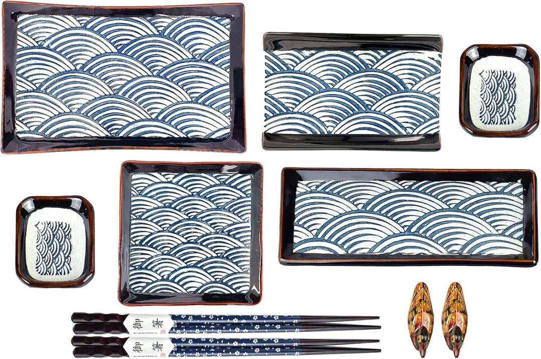 Artcome 10 Piece Japanese Style Ceramic Sushi Plate Dinnerware Set with 4 Sushi Plates, 2 Sauce Dishes, 2 Pairs of Chopsticks, 2 Chopsticks Holders (10 Pcs Blue Wave)