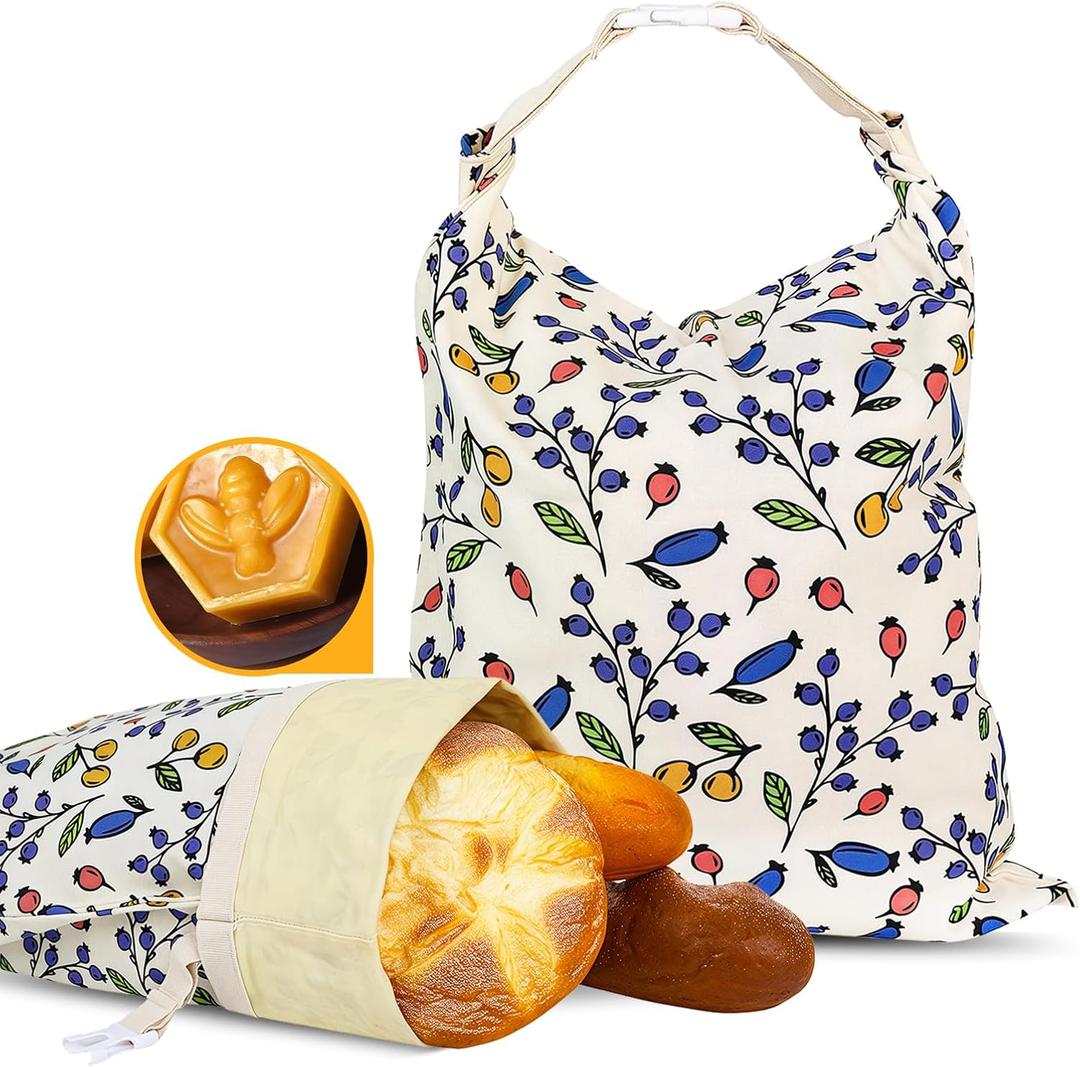 2 Pack Beeswax Bread Bags - 17x13 Inch Reusable Bread Storage Bags,Bees Wax Lined Bread Bags for Home Cooks fresh bread storage Easy Clean (Berry)
