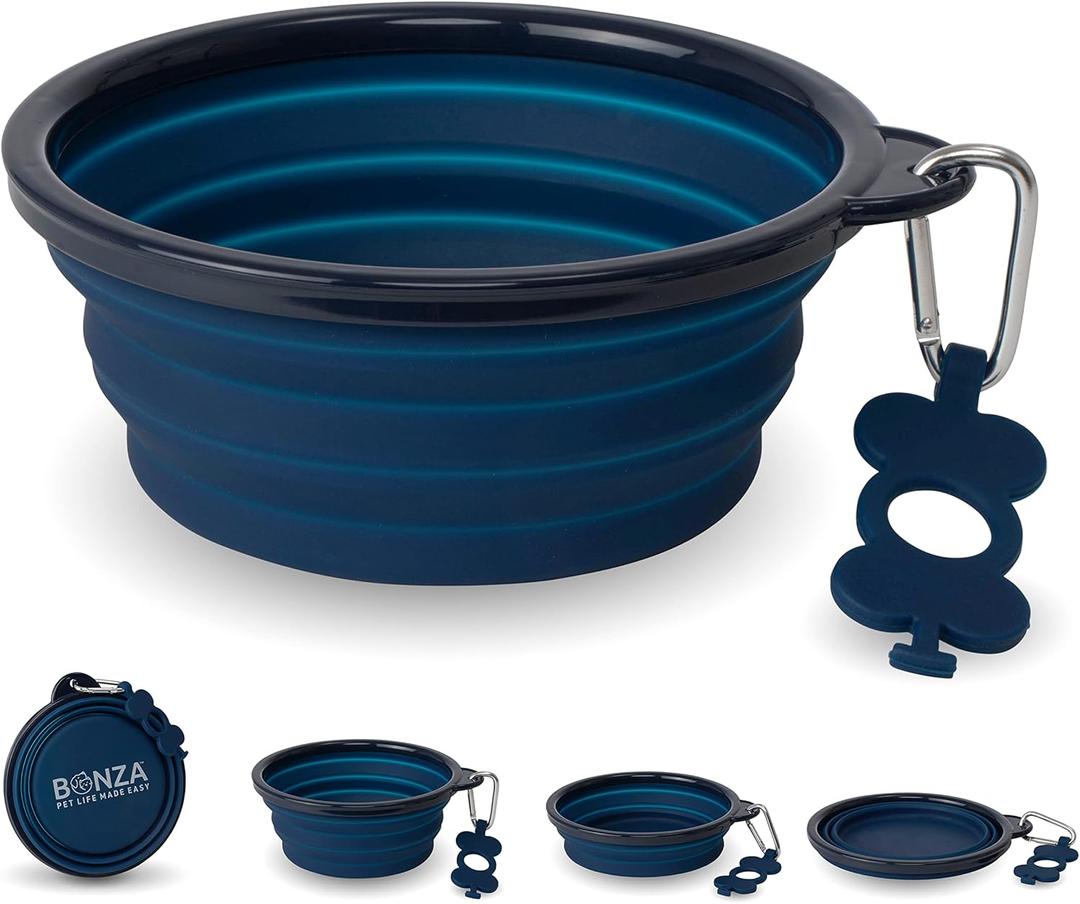 Bonza Collapsible Dog Bowls - Large 33 oz, Dog Travel Accessories, Silicone Portable Dogs Bowl & Water Dish with Reinforced Rim & Carabiner for Hiking, Camping, and Car Trips, Navy Blue Bonza Collapsible Dog Bowls - Large 33 oz, Dog Travel Accessories, Silicone Portable Dogs Bowl & Water Dish with Reinforced Rim & Carabiner for Hiking, Camping, and Car Trips, Navy Blue