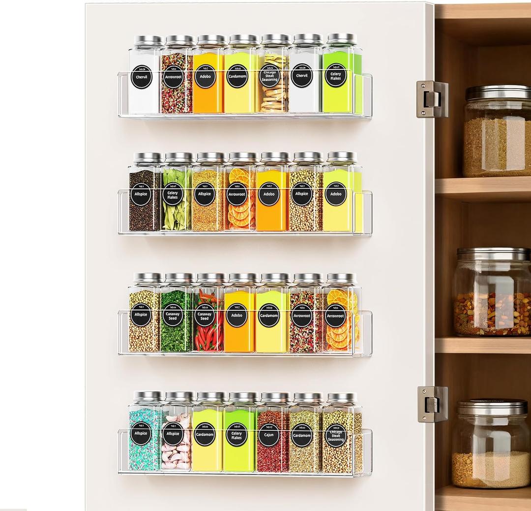 Wall Mounted Acrylic Spice Rack 4 Pack, 12 Inch Clear Pantry Door Organizer, Floating Spice Organizer, Adhesive or Screw Mounted Cabinet Seasoning Shelf