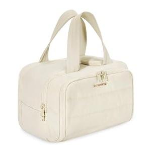 BAGSMART Travel Toiletry Bag, Crush Toiletry Bag for Women, Wide-open Puffy Toiletry Bags for Traveling, Large Travel Cosmetic Makeup Bag Organizer for Accessories,Toiletrie, Beige