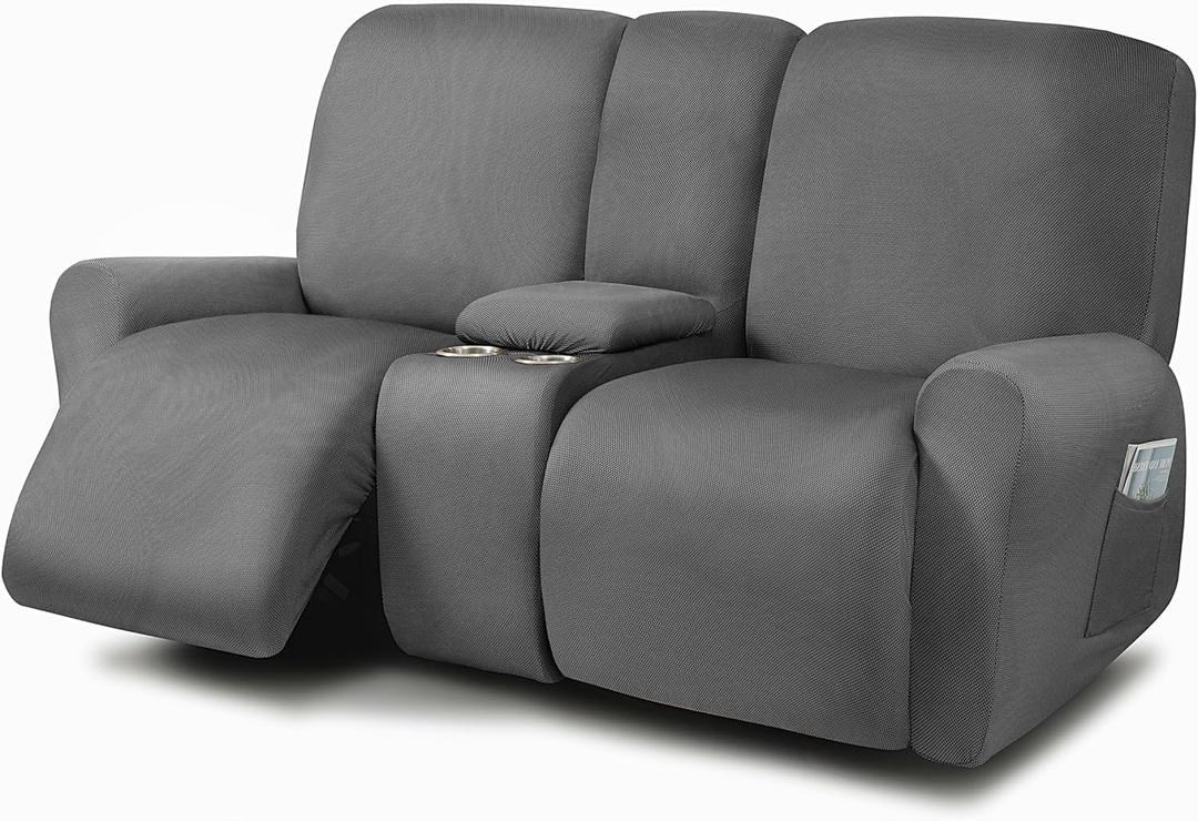 ULTICOR Reclining Love Seat with Middle Console Slipcover, 8-Piece Yarn Dyed Loveseat Reclining Sofa Covers, 2 seat Loveseat Recliner Cover, Thick, Soft, Washable (Dark Grey)