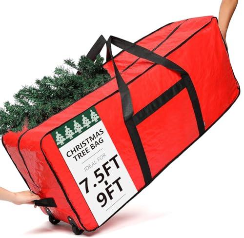HOMEST Christmas Tree Storage Bag, Fits for 7.5-9 ft Xmas Artificials, Zippered Bag with Reinforced Carrying Handles and Wheels, Red (Bag Only)