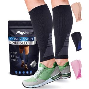 Calf Compression Sleeves for Men and Women - (1 Pair) Footless Compression Socks Support for Varicose Veins, Nursing, Pregnancy, Running - PhysFlex Leg Sleeve Brace for Shin Splints, Pain Relief and Reduces Swelling (Black, Medium)