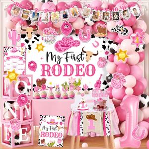 155Pcs My First Rodeo Decorations Girl,Western Cowgirl 1st Birthday Balloon Arch,Banner,ONE Box,Tablecloth Theme Party Supplies for Baby Girl 1st Birthday,Girls Baby Shower Party