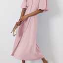 chouyatou Women Summer Puff Sleeve Button Down Shirt Dress Flowy Elegant Business Casual Midi Long Dress (Pink, L)