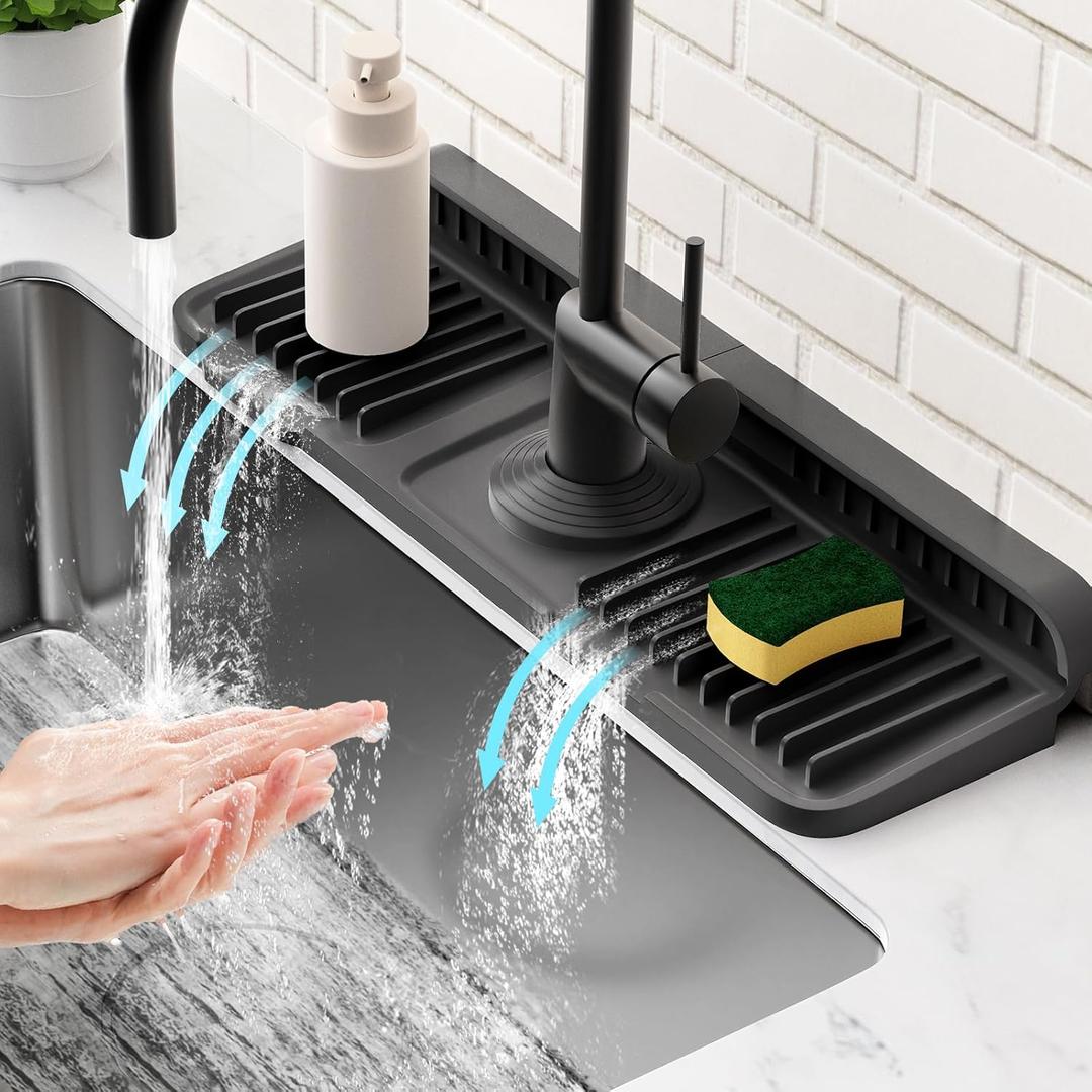 14.6 inch Faucet Mat for Kitchen Sink Splash Guard[7 Slope Fast Self-draining][Snap Lock Fit]Kitchen Sink Faucet Mat Splash Guard Kitchen Sink Area Water Splash Guard Behind Faucet Draining Mat (Black)