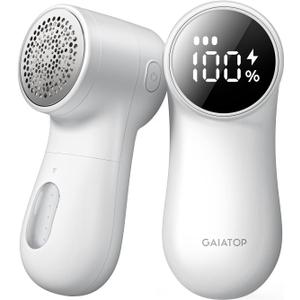 GAIATOP Fabric Shaver Rechargeable Lint Remover 3 Speeds Sweater Defuzzer, Cute Digital Screen Large Storage 6-Leaf Blades, Fuzz Pills Bobbles Trimmer for Clothes Furniture Bedclothes White 1 PC