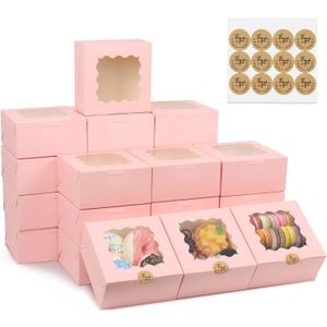 50 Pcs 6x6x3 Inches Bakery Boxes with Window, Pink Cookie Boxes for Gift Giving, Treat Boxes for Desserts, Macarons, Donuts, Pastries