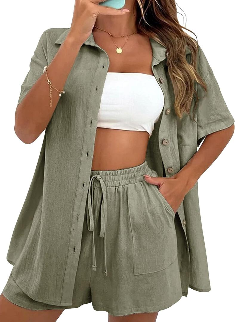 APAFES Women Summer Cotton Linen Short Sets 2 Piece Shorts Top Lounge Beach Vacation Two Piece Outfits Tracksuits (X-Large, Armygreen)