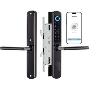 Smart Sliding Door Lock with Fingerprint, Password, IC Card, Mechanical Key & WiFi Tuya App Control | Keypad, Hook Mortise + Doorbell | Auto-Lock | Easy Install (Black)