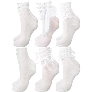 Fourluoo 6 Pairs Women's Ruffle Ankle Socks - Lace & Frilly Cute Breathable Thin Cool Casual Socks(White, 5-9, Bow Tie)