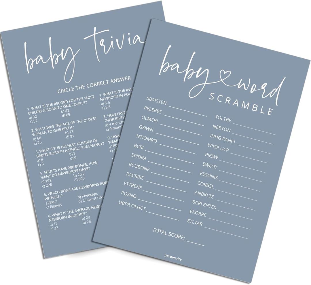 Baby Shower Games Boy - Baby Trivia and Word Scramble Game, 50 Double-Sided Cards (Blue)
