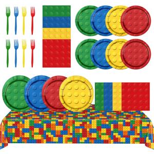 Building Block Party Supplies,61pcs Block Party Decorations Tableware Include Building Block Plates and Napkins,Tablecloth,Forks for Building Block Birthday Party Supplies,Serve 20