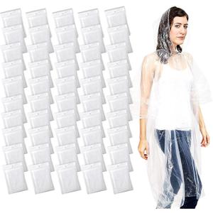 Juvale Disposable Rain Ponchos for Adults, Waterproof Hooded Emergency Ponchos, One Size, Bulk for Travel & Festivals (50-Pack, Clear)