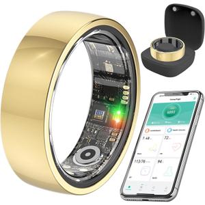 Smart Health Ring for Women Men,Fitness Rings Tracker with Blood Pressure Monitor Heart Rate Blood Oxygen Sleep Monitor IP68 Waterproof Step Counter Calorie Tracker Health Rings for Android iOS Phones (9, Gold)