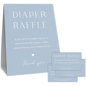 Minimalism Baby Shower Diaper Raffle Game Set, 1 Blue Standing Sign & 50 Diaper Raffle Tickets, Supplies & Decorations For Gender Reveal, Baby Announcement, Baby Shower - A05