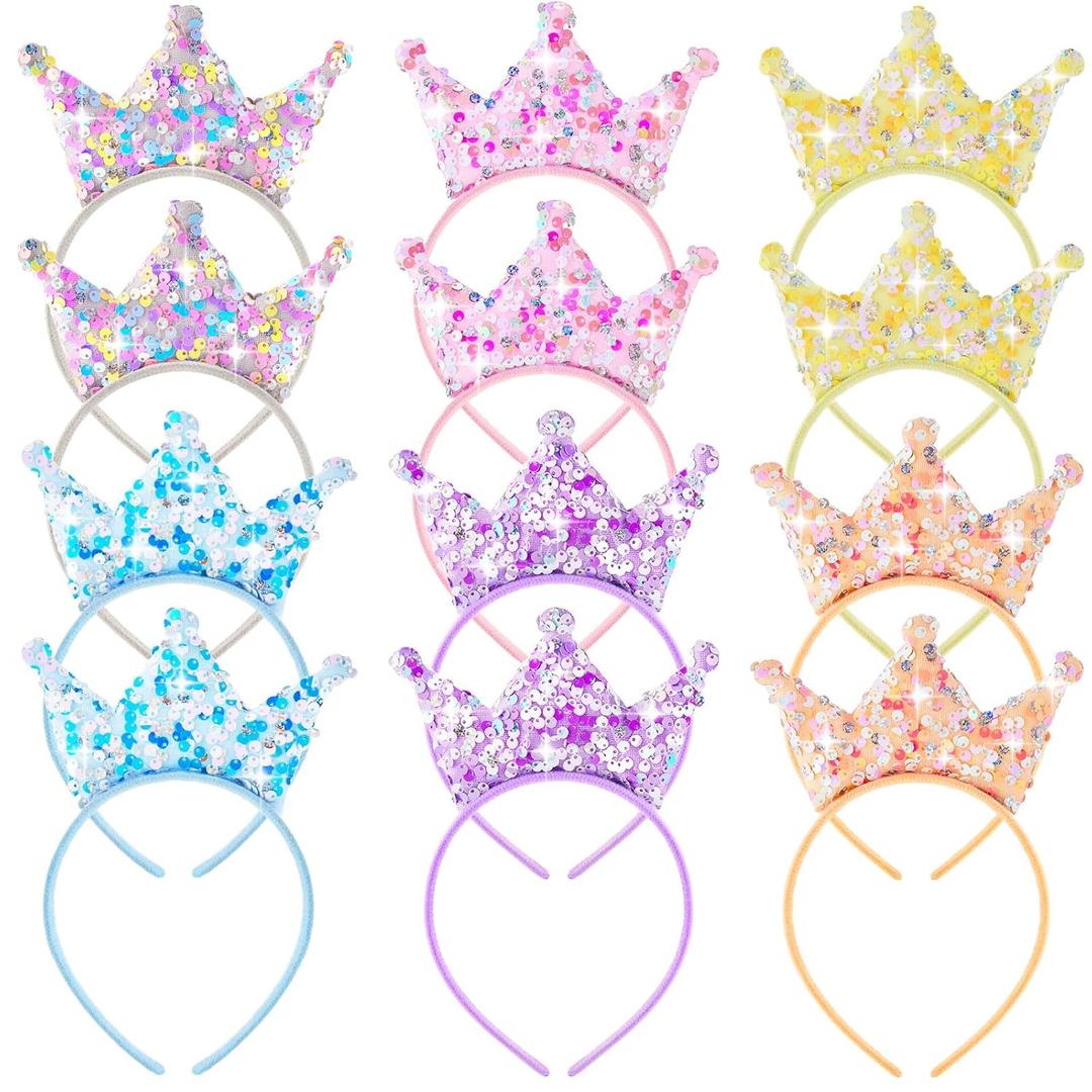 Juexica 12 Pack Princess Party Favors Princess Crowns Headband Decorations Glitter Sequin Headband for Birthday Proms Gifts(Multi Colors,Sequin)