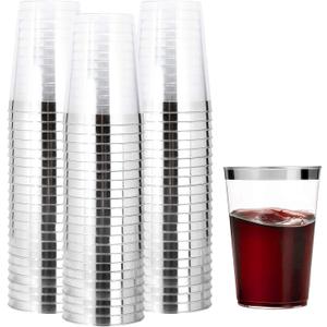 I00000 200pcs Silver Disposable Plastic Cups 10 oz Clear Old Fashioned Tumblers With Silver Rim - Fancy Wedding Party Cups, Elegant Wine Glasses, Cocktail Tumblers