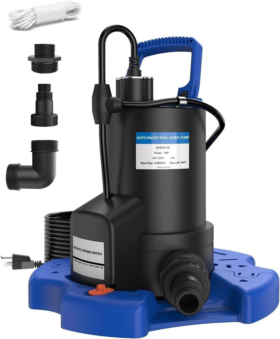 Automatic Pool Cover Pump - 1 HP 3500 GPH Sump Pump Above Ground with Check Valve, 3 Adapters and 29.5FT Extra Long Power Cord, Pump Water Removal for Swimming Pool, Basements, Rooftops (Blue)