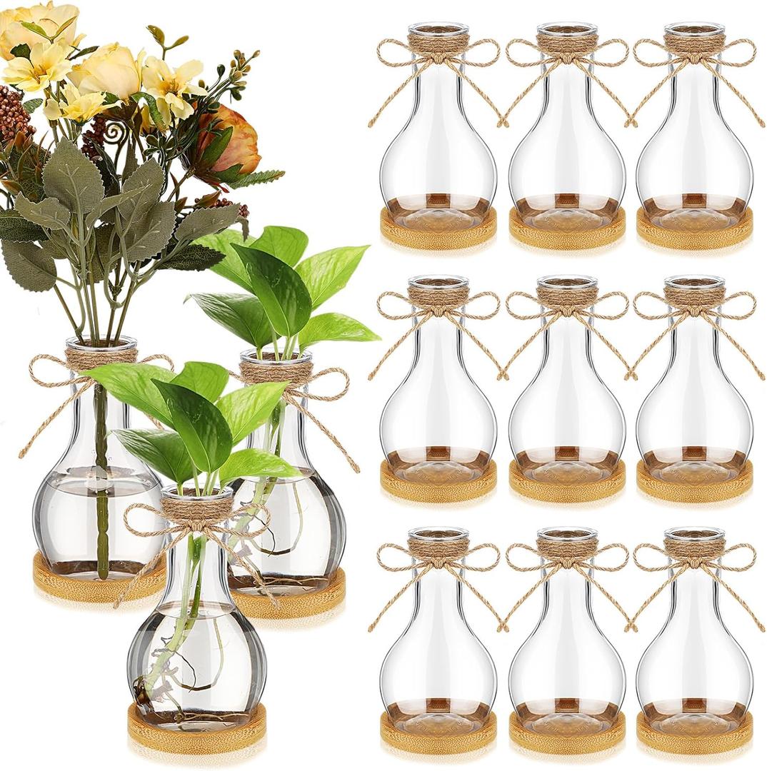 Baderke 12 Pack Small Plastic Vases for Centerpieces Bulb Vase with Bamboo Coaster Clear Bulb Flowers Bottle for Flowers Rustic Wedding Home Centerpieces Arranging Bouquets