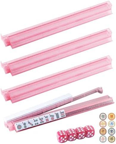 Mahjong Racks with Pushers,Set of 4 Mahjong Pushers and Racks,with 4 Dices and 8 Lucky Stickers,All-in-One Acrylic Mahjong Tile Holder and Pusher,American mah jongg Rack,mah jong trays (Pink)