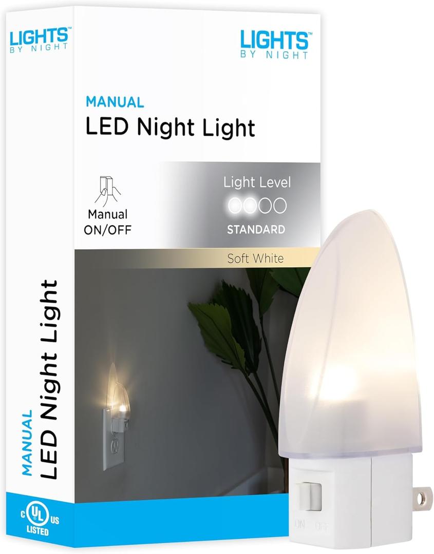Lights by Night LED Night Light, Plug-in, Manual on/off , Warm White, UL-Certified, Energy Efficient, Ideal Nightlight for Bedroom, Bathroom, Nursery, Hallway, Kitchen, 11140 (Clear Shade)