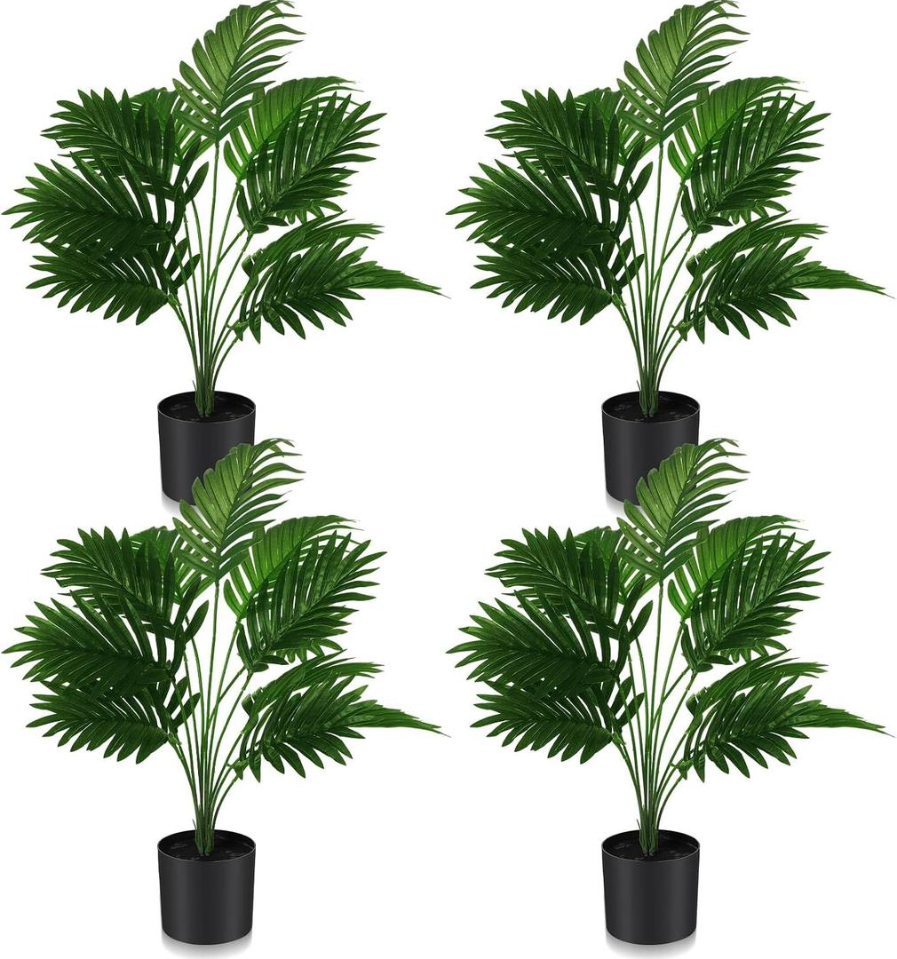 Jexine 4 Pack Artificial Areca Palm Plant Fake Palm Tree, Faux Plant for Home Decor Indoor Outdoor Faux Areca Palm Tree in Pot for Home Office Housewarming Gift Modern Decoration (2 Feet)