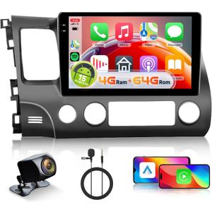[4+64G] Android 15 Car Radio Stereo for Honda Civic 2006-2011 with Wireless CarPlay & Android Auto, 10.1 Inch in-Cell Screen Car Auido with AHD Backup Camera GPS WiFi FM RDS Radio EQ SWC