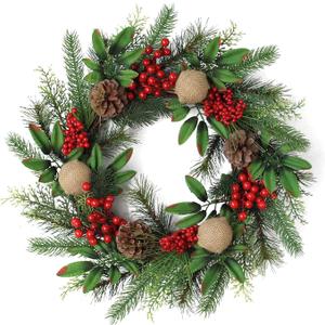 Christmas Wreath for Front Door,20 Inch Christmas Wreath Decorations with Wintry Pine, Decorated with Pine Cones, Berry Clusters, Frosted Branches for for Home Wall Window Porch Indoor Outdoor Decor