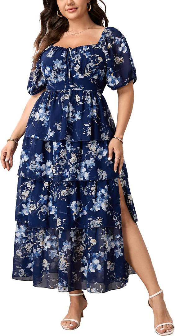 SCOMCHIC Womens Plus Size Maxi Dress Wedding Guest Tiered Long Dresses | Puff Short Sleeve Floral Dress, Elegant Cocktail Dress, Evening Party Dress, Formal Dresses, Summer Dresses, Dress with Slit (Blue, L)