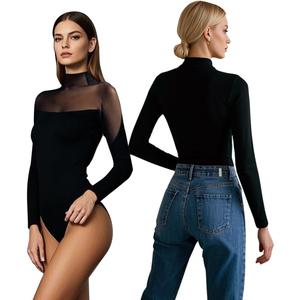 Women Long Sleeve Bodysuit Medium-high Neck Shapewear Body Suits Mesh One Piece Leotard Shirt Going Out Tops Outfits (Black, S)