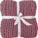 Bigacogo Chunky Knit Throw Blanket for Couch, 40x80 inches, 100% Hand Knitted with Thick Jumbo Chenille Yarn, Cozy Soft Large Rope Knot Cable Crochet Blankets for Sofa Bed Living Room, Burnt Rose